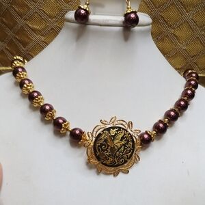 Vintage Damascene Toledo 24K Gold Plated Brooch & Brown Necklace Set